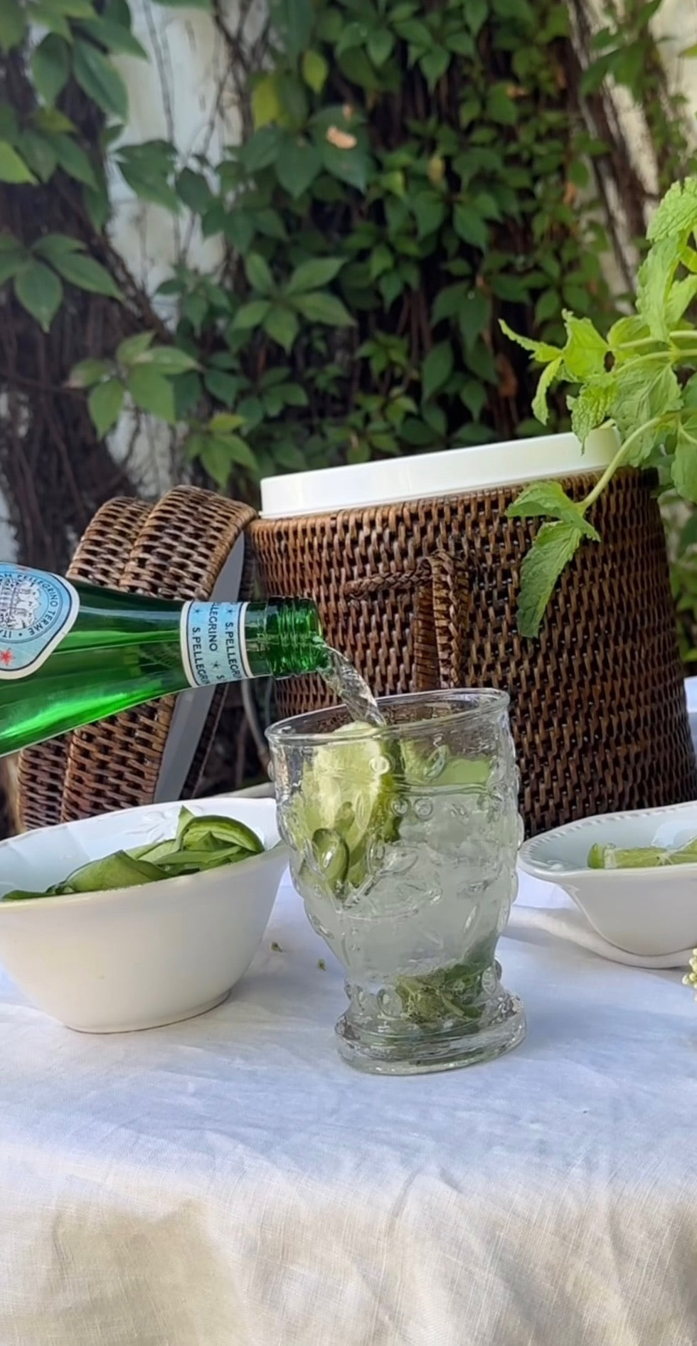Rattan Ice Bucket and tongs