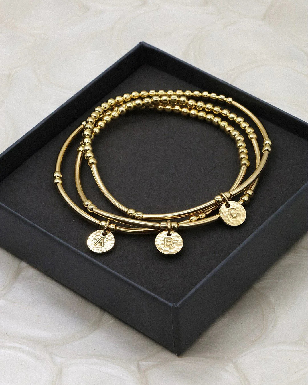 Petals Gold Hammered Bracelet with Alphabet Charm Love Letters