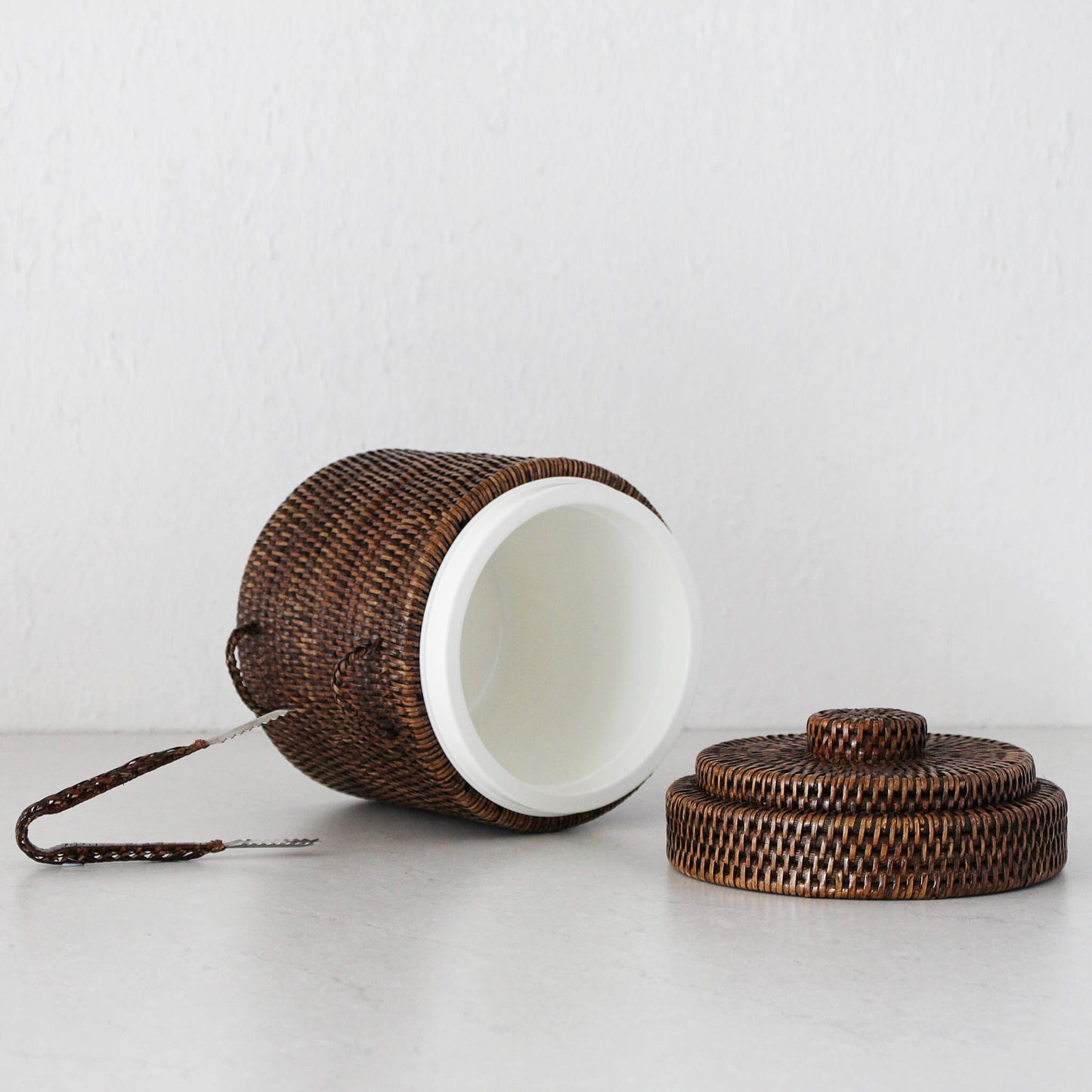 Rattan Ice Bucket and tongs