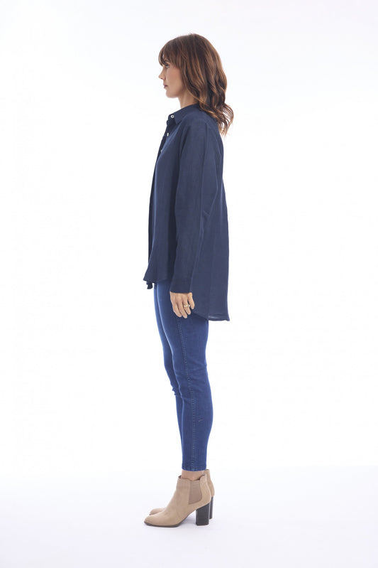Navy Linen Shirt High Low