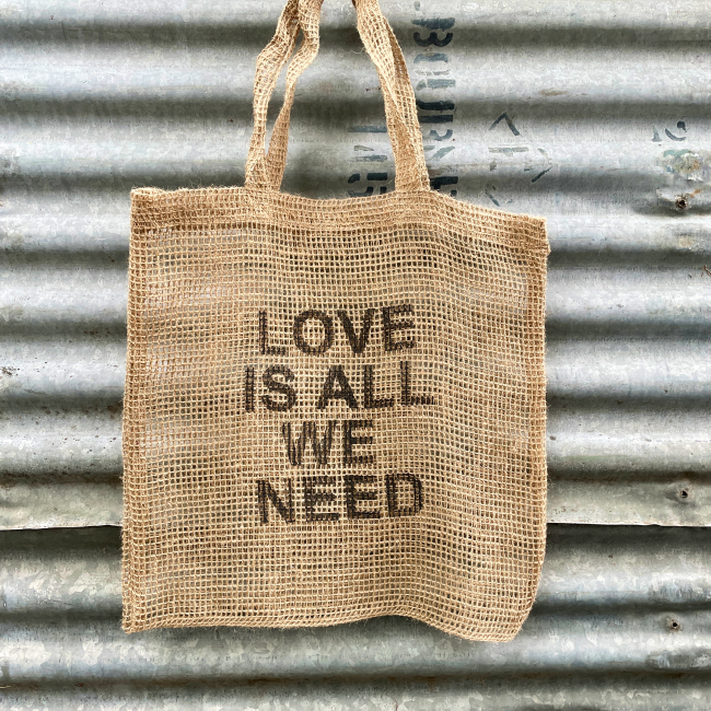 HANDMADE JUTE NET SHOPPING BAG ‘LOVE IS ALL WE NEED’