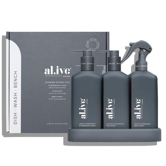 al.ive Lemon Myrtle & Honeydew Kitchen Trio Dishwashing Liquid, Hand Wash & Bench Spray Trio