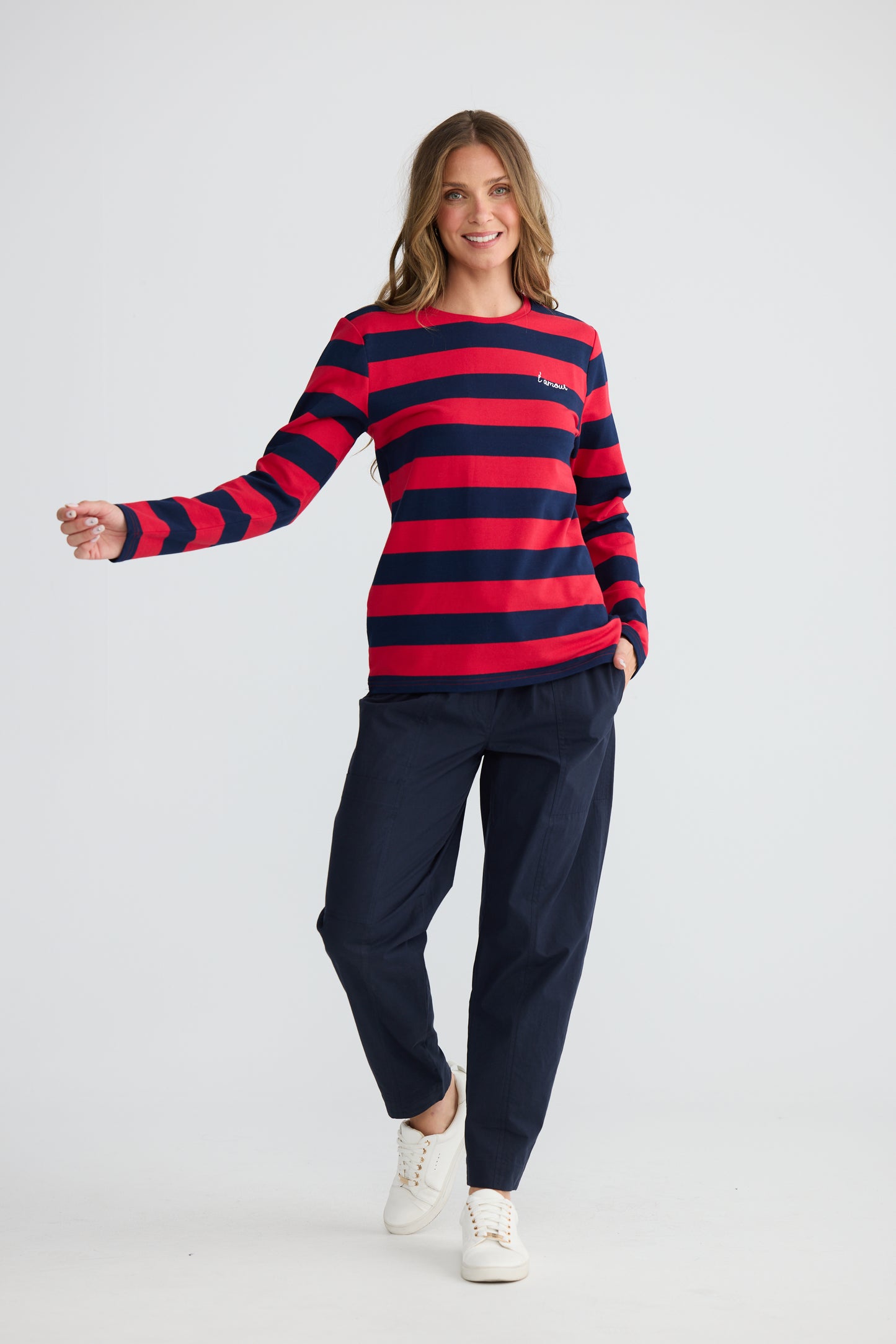 Roam Long Tee in Red & Navy Stripe