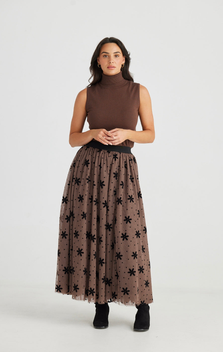 Carrie Skirt in Tan Floral Dot