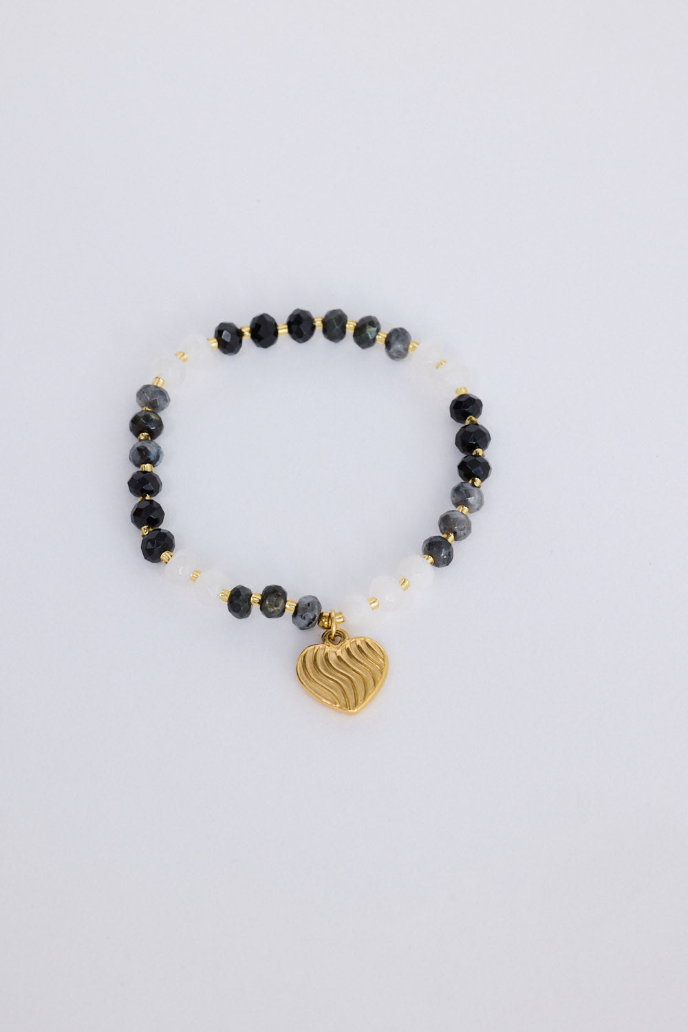 Huda Stretch Bracelet in black + white with gold heart