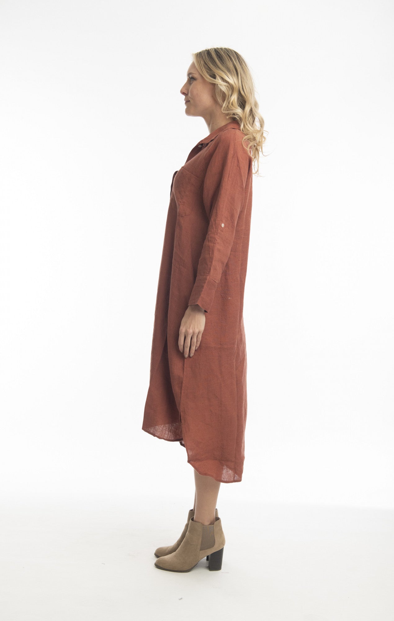 Pure Linen Dress Shirt Maxi in Terracotta