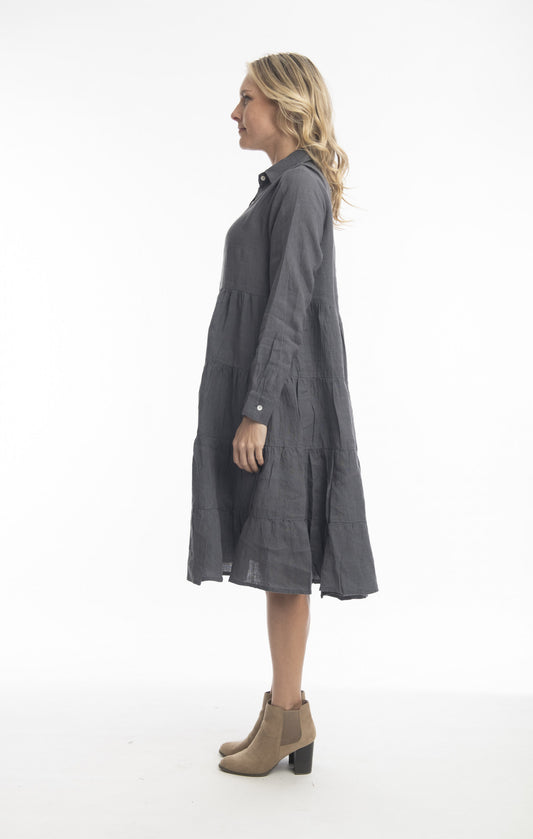 Pure Linen Collared Layer Dress in Charcoal