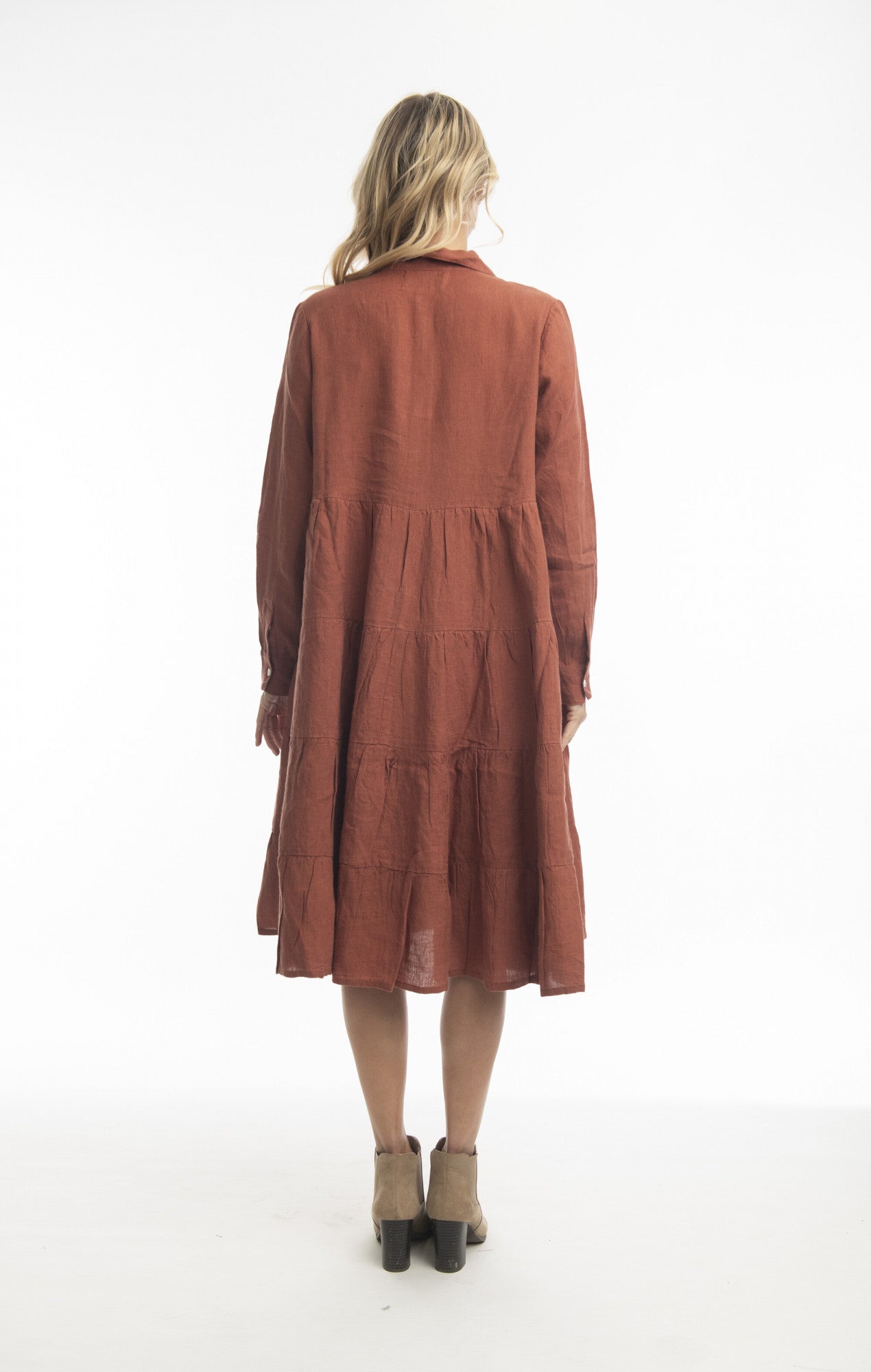 Pure Linen Collared Layer Dress in Terracotta