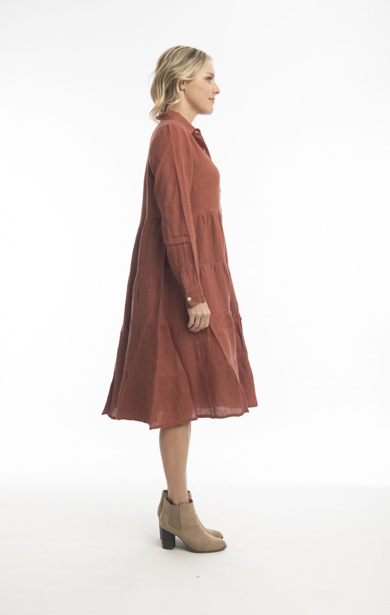 Pure Linen Collared Layer Dress in Terracotta