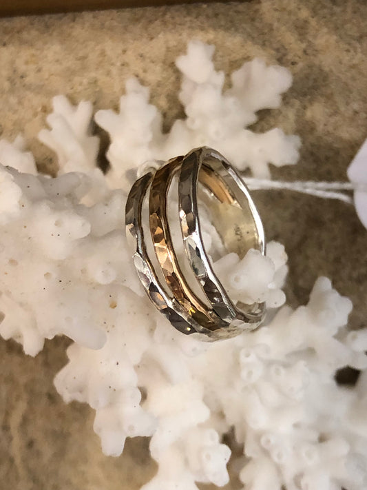 RNC1 Sterling Silver & Gold Filled 3 Band Hammered Open Back Ring