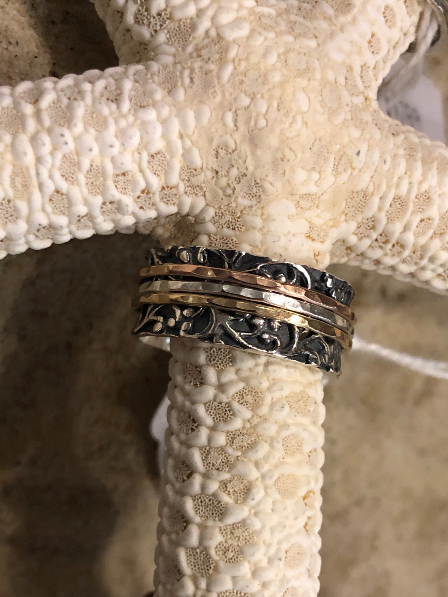JR142GF Sterling Silver Primavera Band w/ 3 Oxidised Spinner Rings