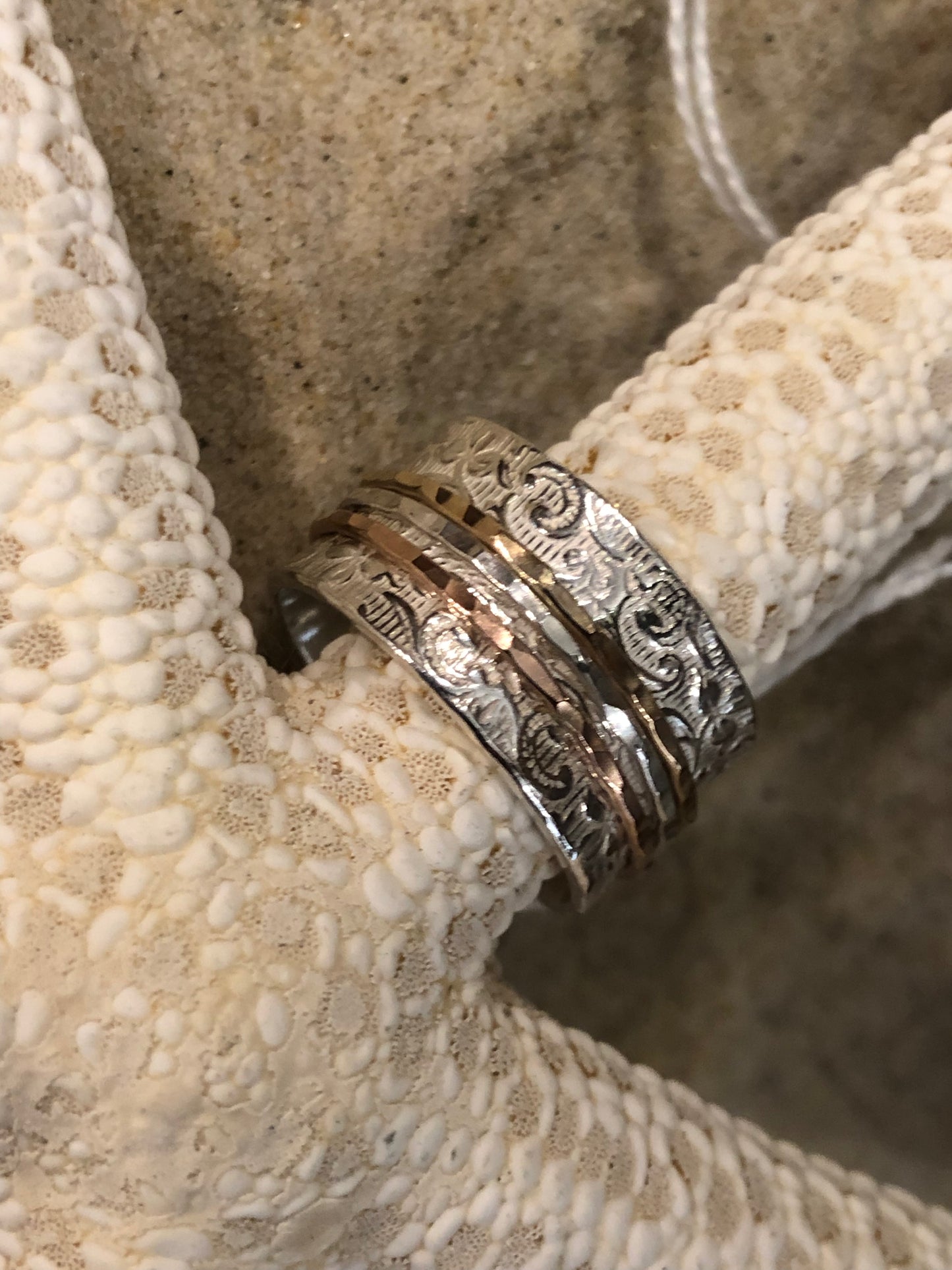JR14105 Sterling Silver Primavera Band with 2x Gold Filled & 1x Silver Spinning Rings
