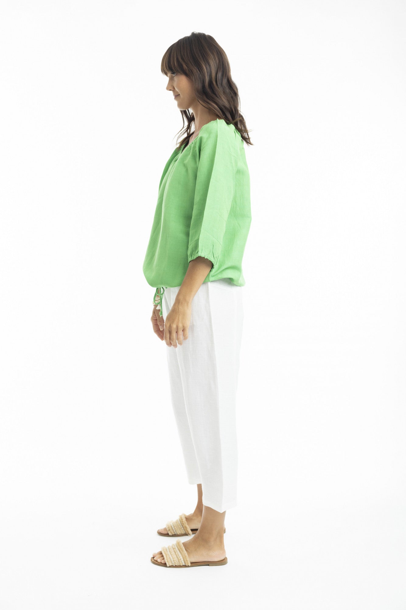 Linen 3/4 Sleeve Top with Gather Neckline in Parrot