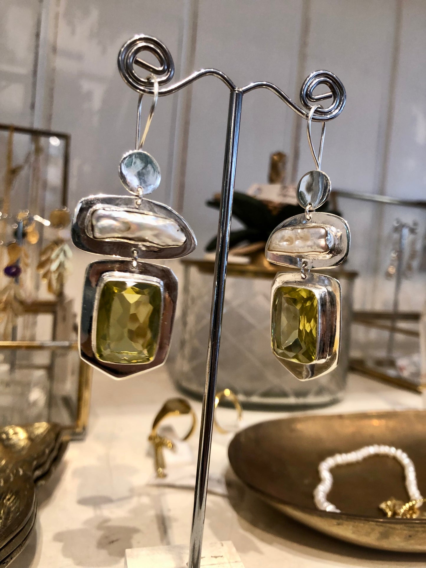 MW Luxe Gem & Pearl Earrings - Brushed Silver