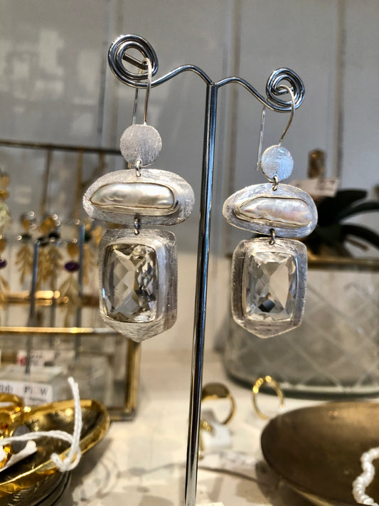 MW Luxe Gem & Pearl Earrings - Brushed Silver