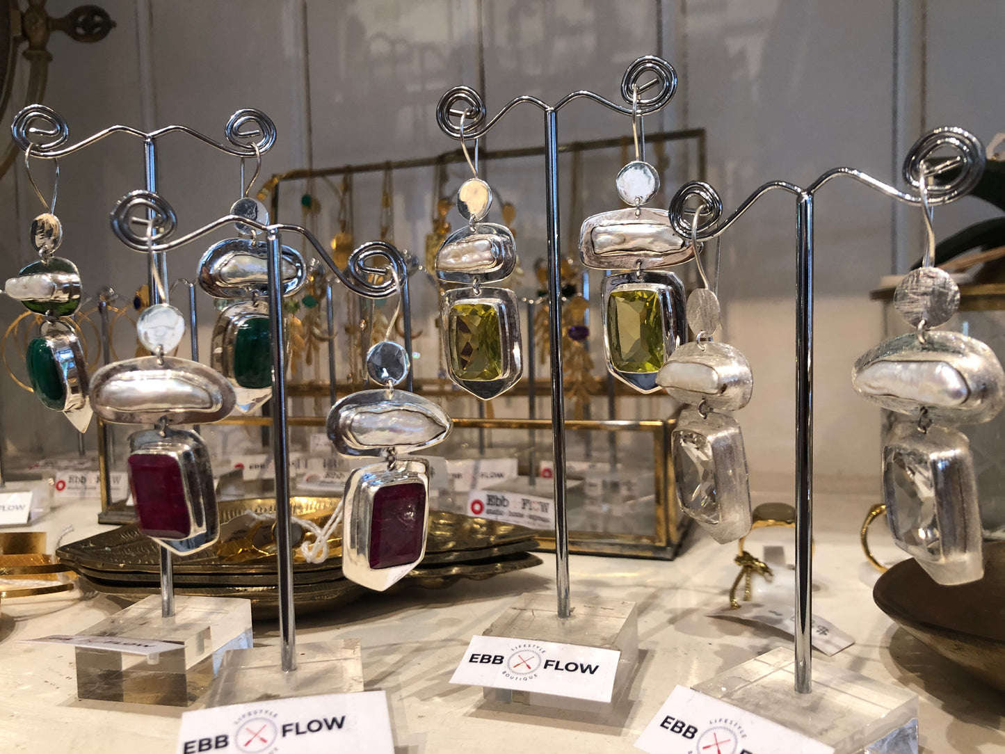 MW Luxe Gem & Pearl Earrings - Brushed Silver