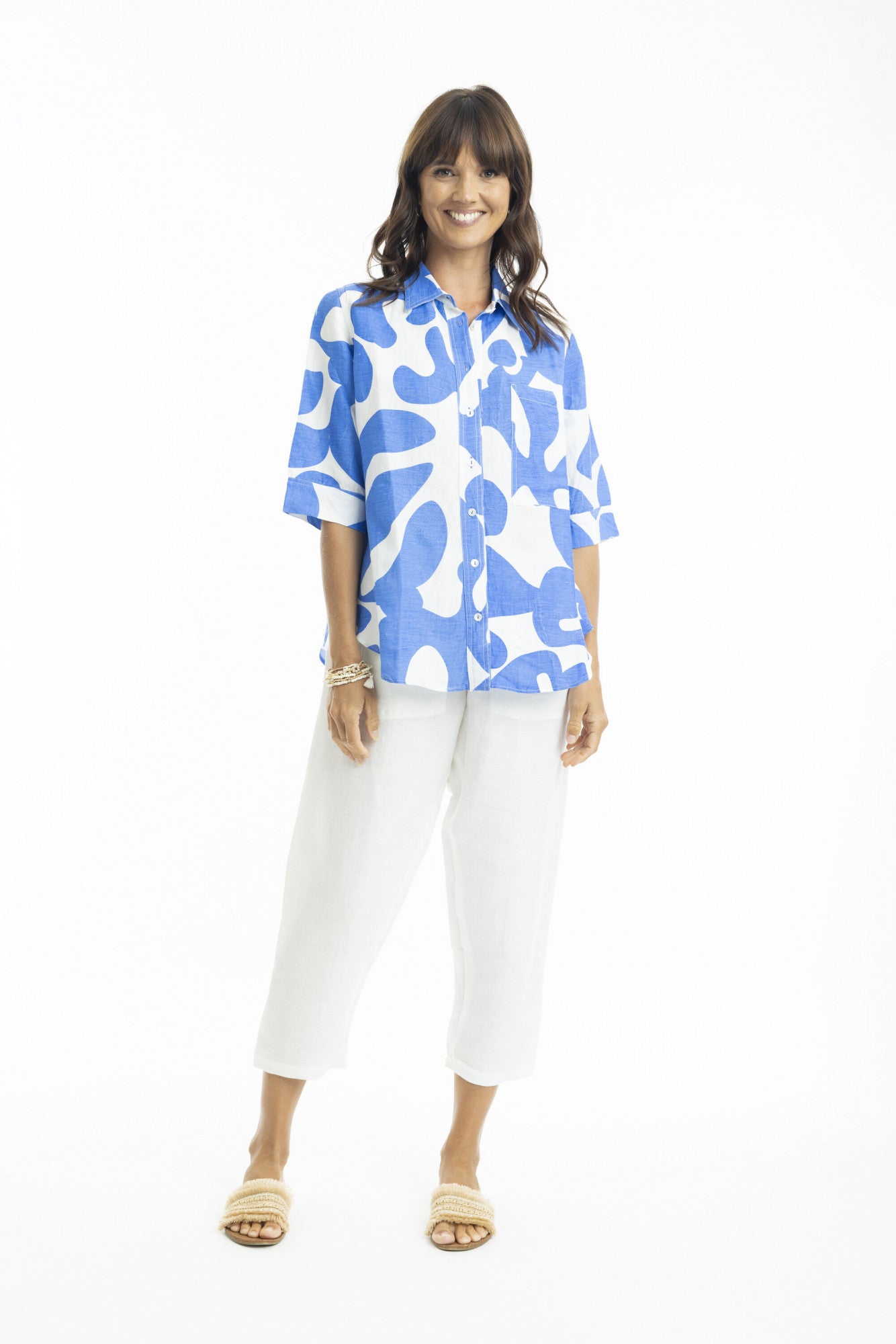 Print Linen Boxy Shirt with Collar in Blue