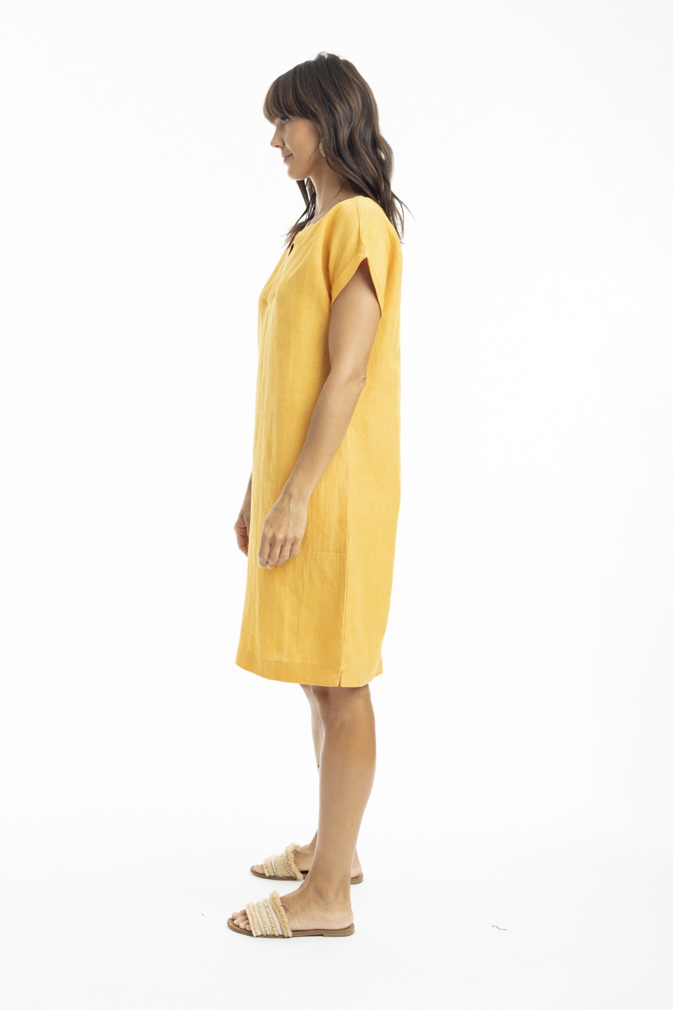Linen Cap Sleeve Shift Dress in Mango