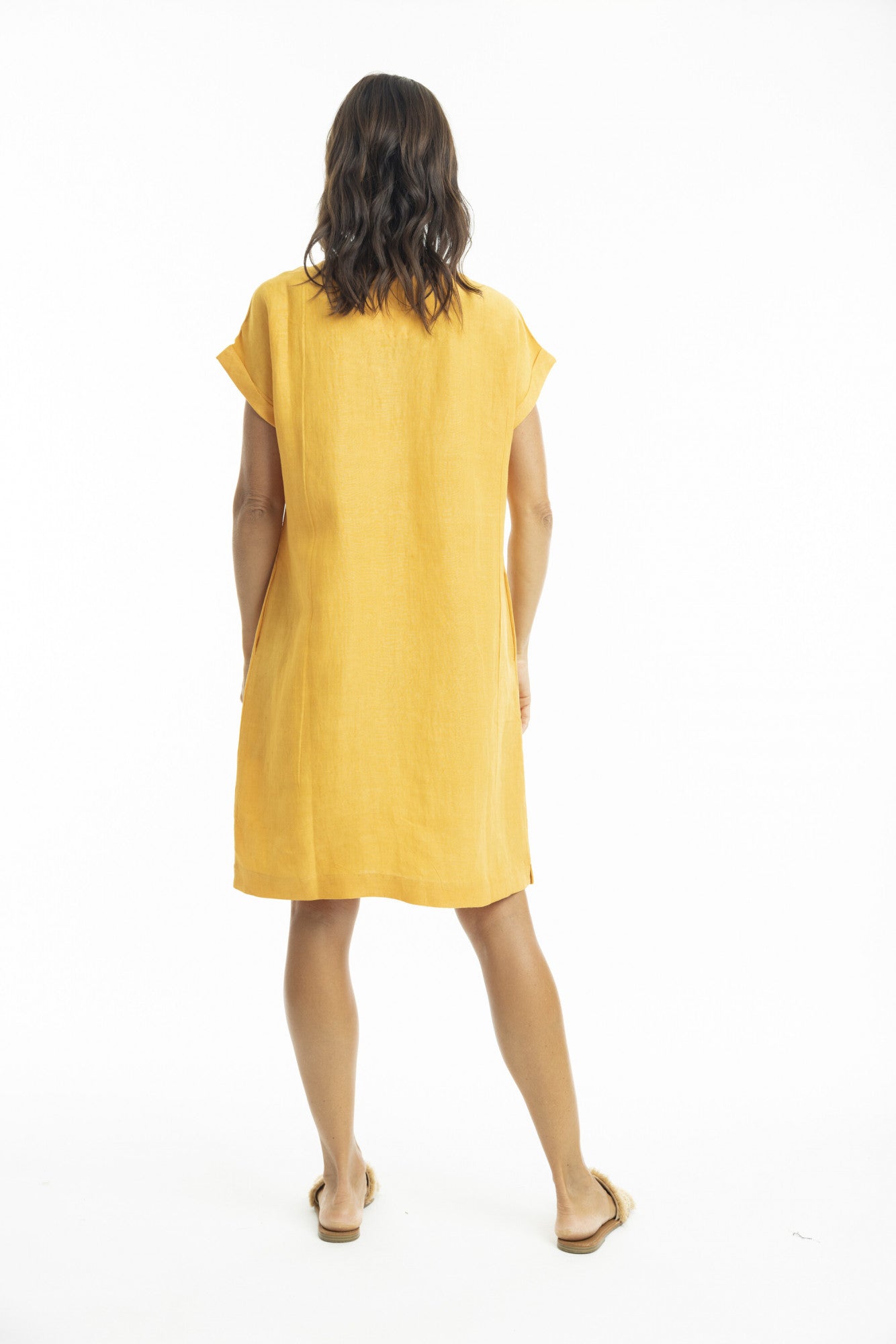 Linen Cap Sleeve Shift Dress in Mango