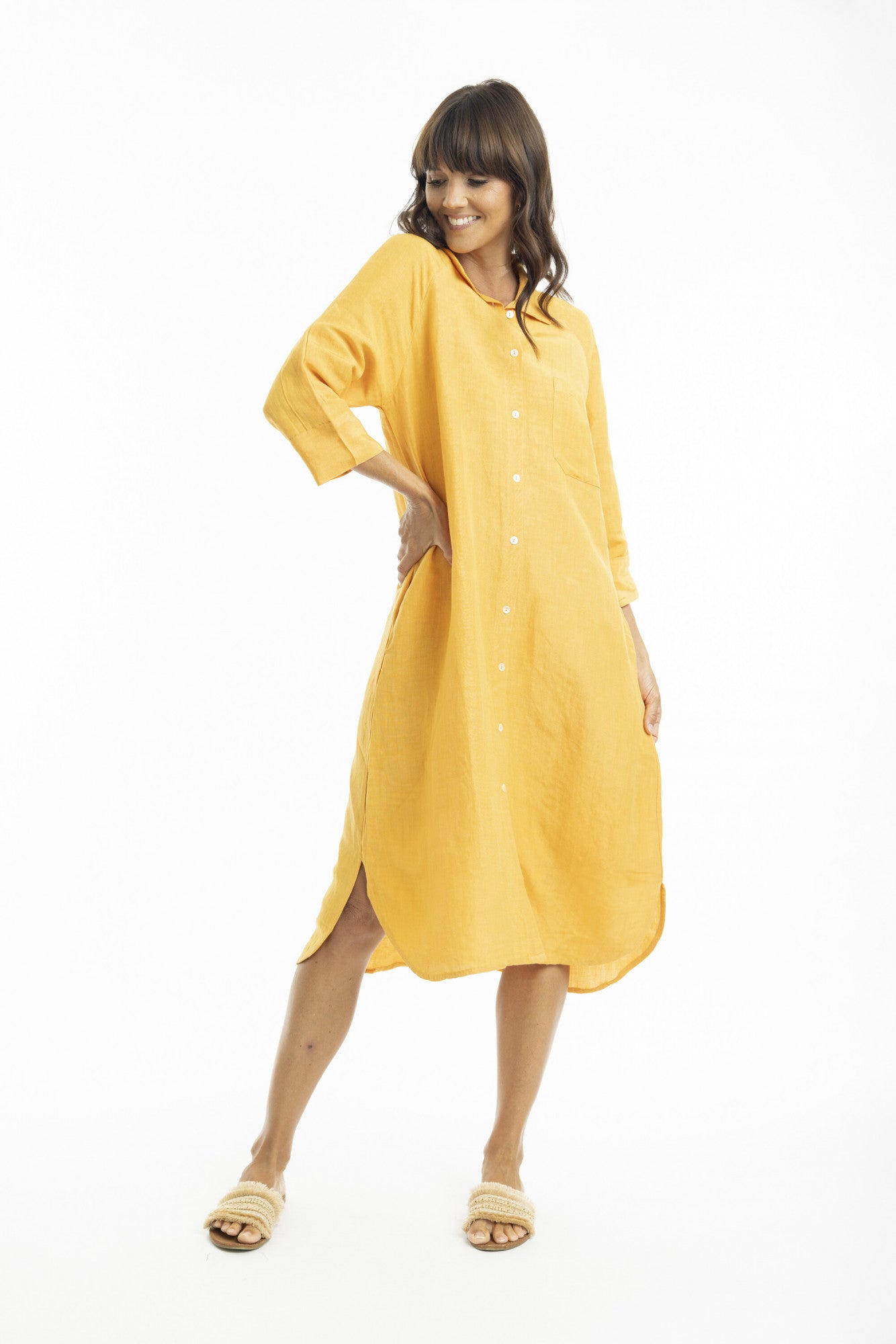 Linen Midi Collar Shirt Dress in Mango – Ebb+Flow Boutique