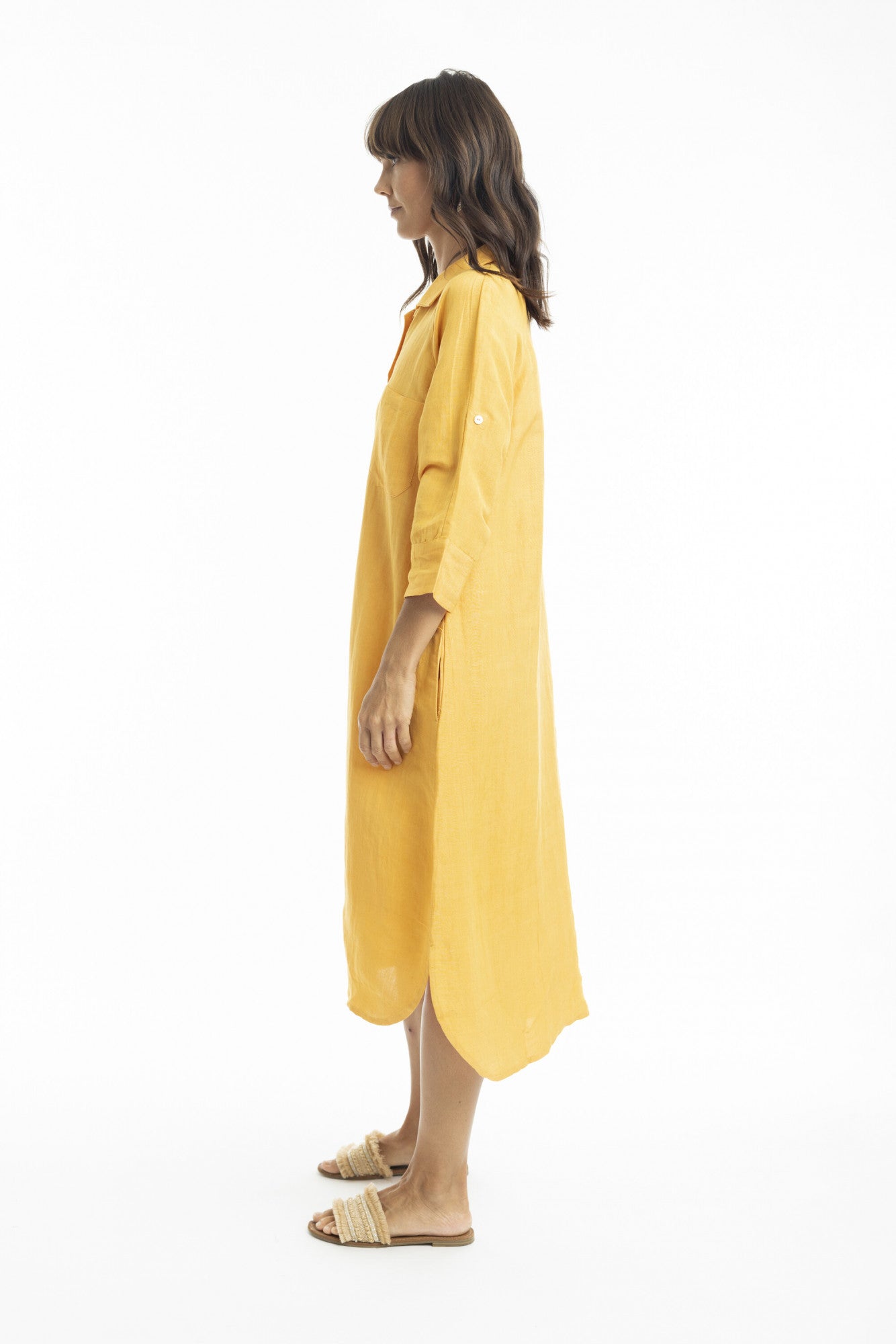 Linen Midi Collar Shirt Dress in Mango