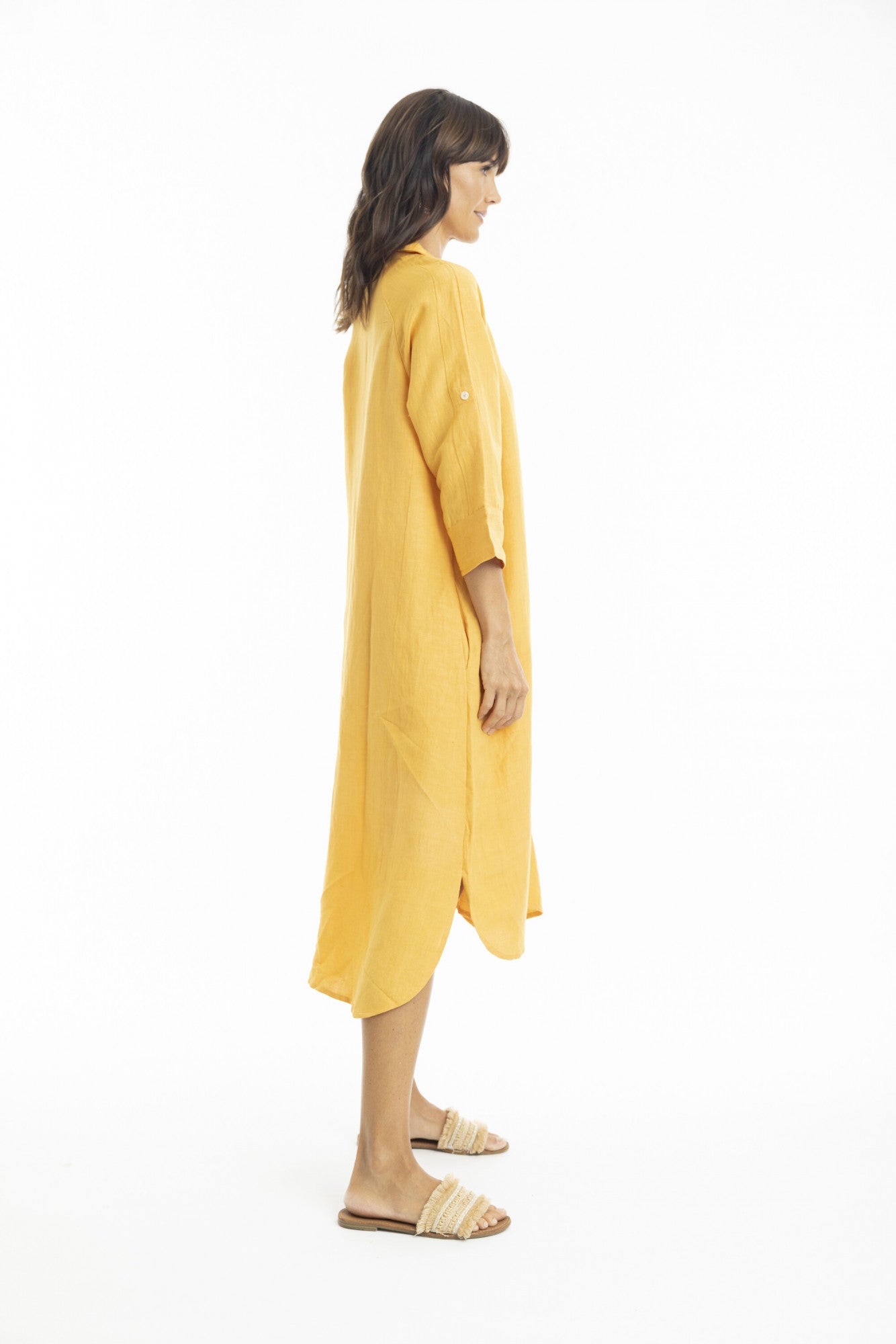 Linen Midi Collar Shirt Dress in Mango