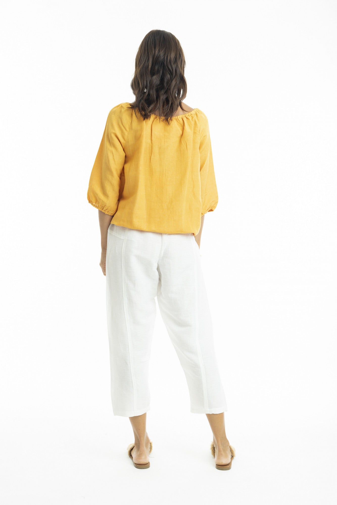 Linen 3/4 Sleeve Top with Gather Neckline in Mango
