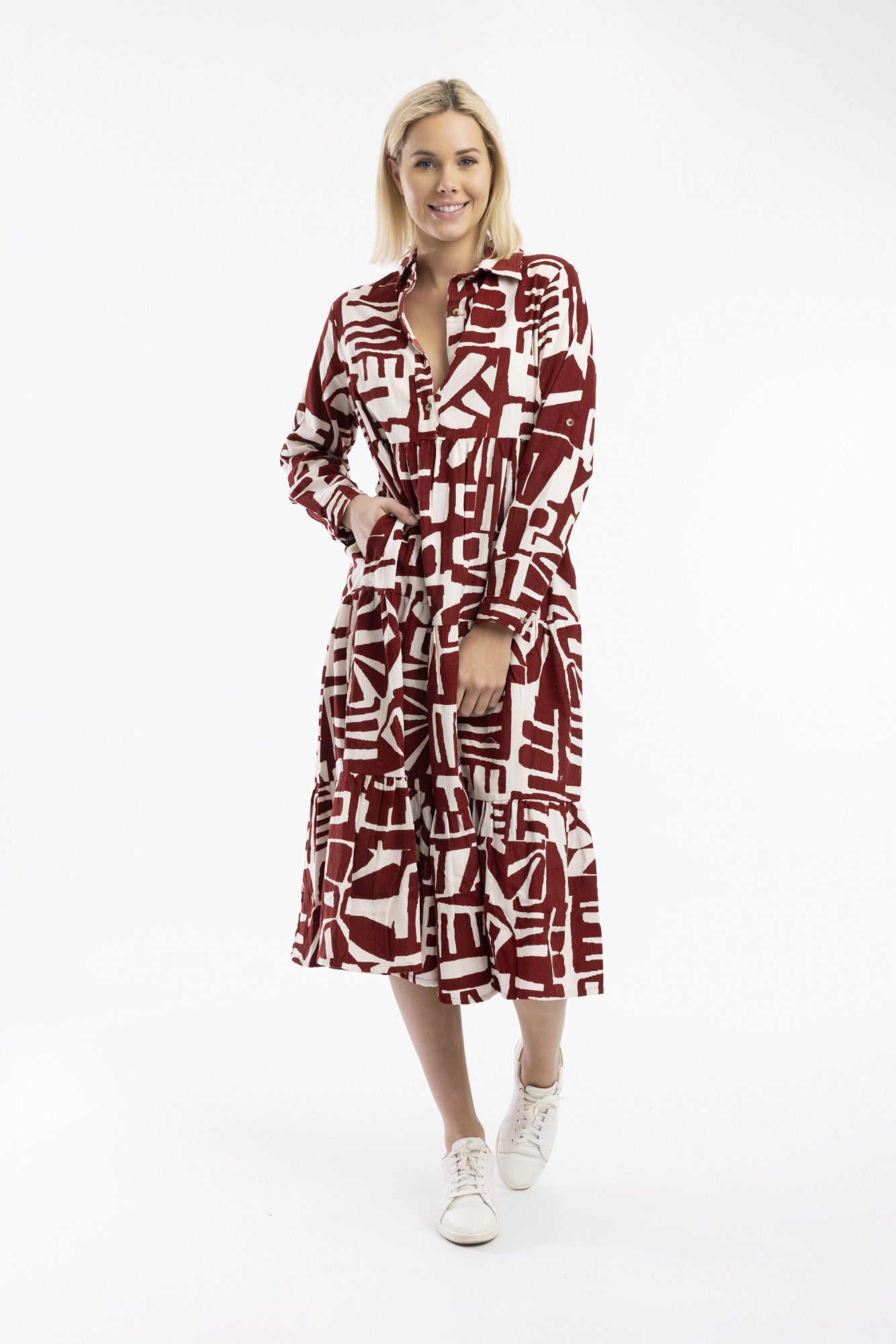 Cord Printed Dress Collar Layered Rust