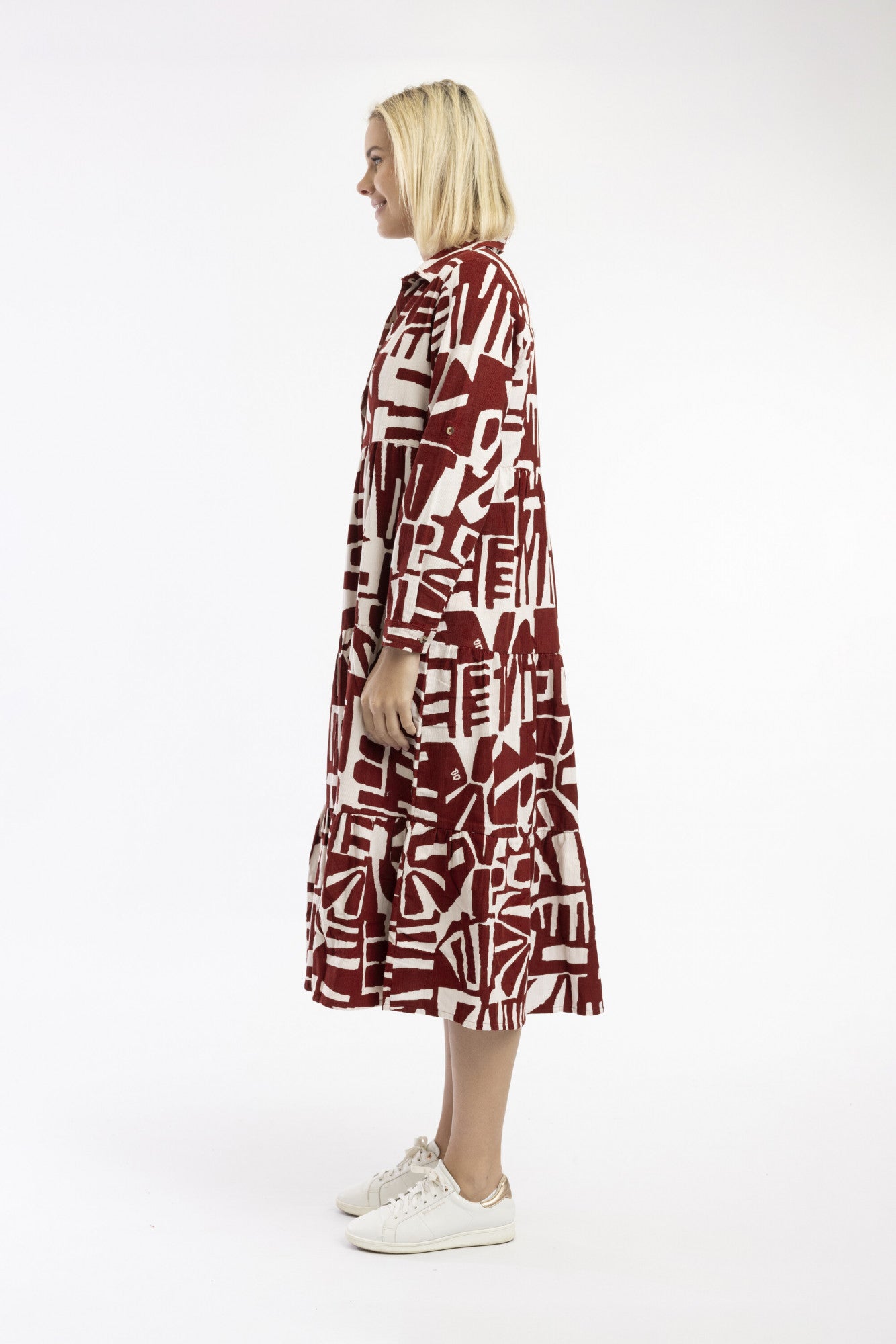 Cord Printed Dress Collar Layered Rust