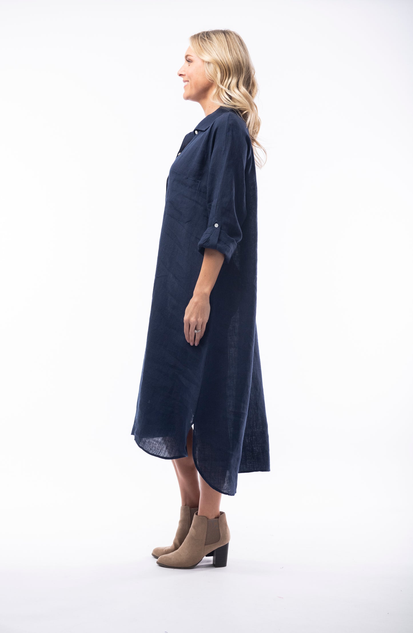 Pure Linen Dress Shirt Maxi - Navy