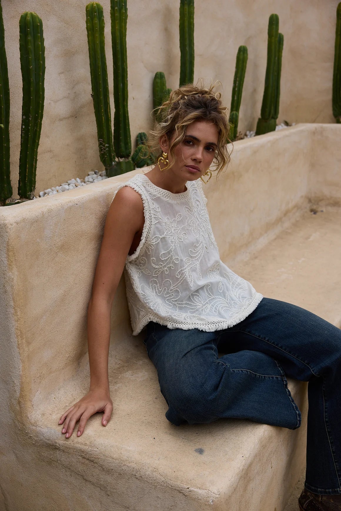 Chantilly Top Natural Embroidered