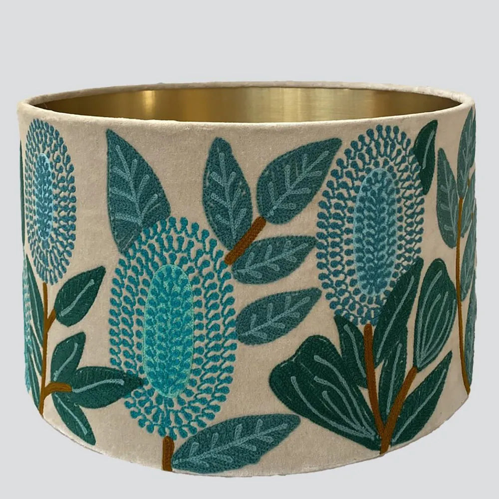 Turquoise Banksia Velvet Drum Shade - Large