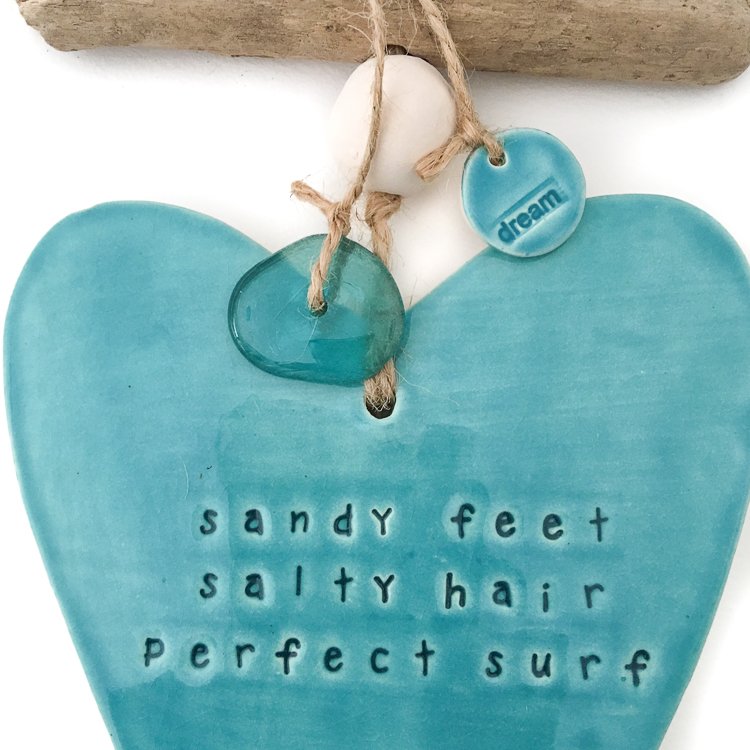 Handmade ceramic heart wall hanging aqua ‘sandy feet, salty hair, perfect surf’