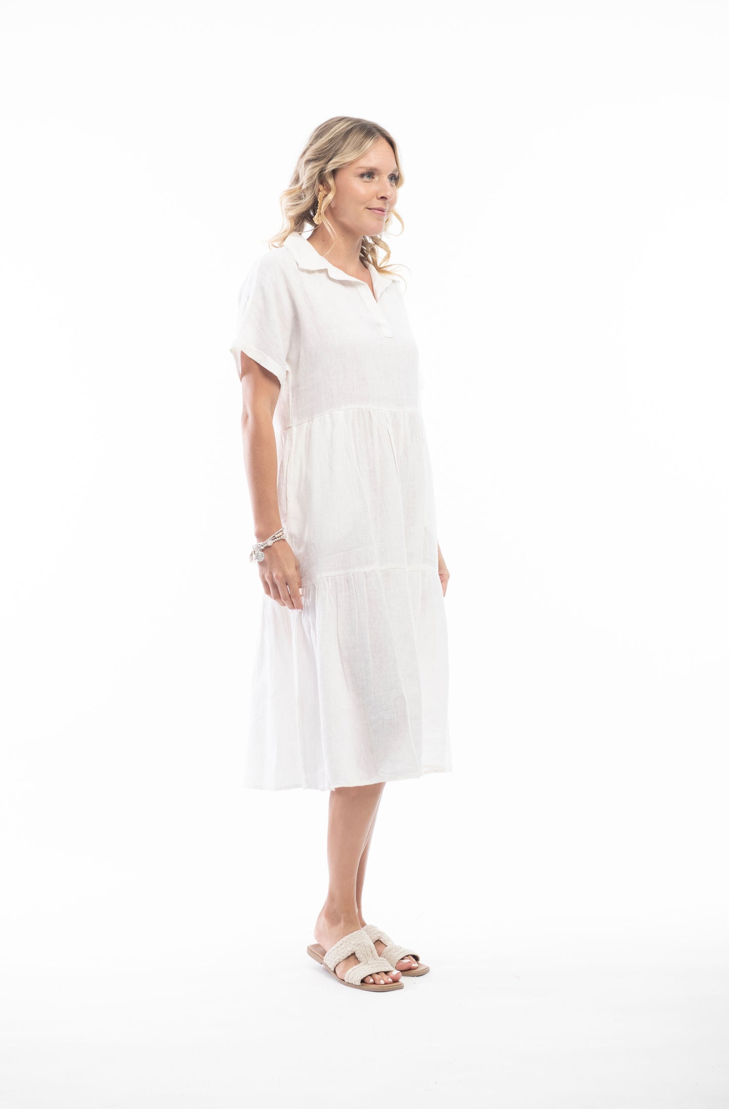 Linen Dress With Collar- White