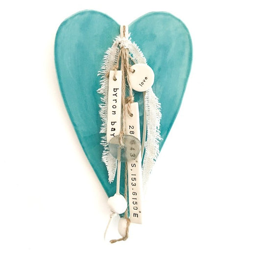 Handmade Ceramic Heart Wall Hanging Aqua With Coordinates