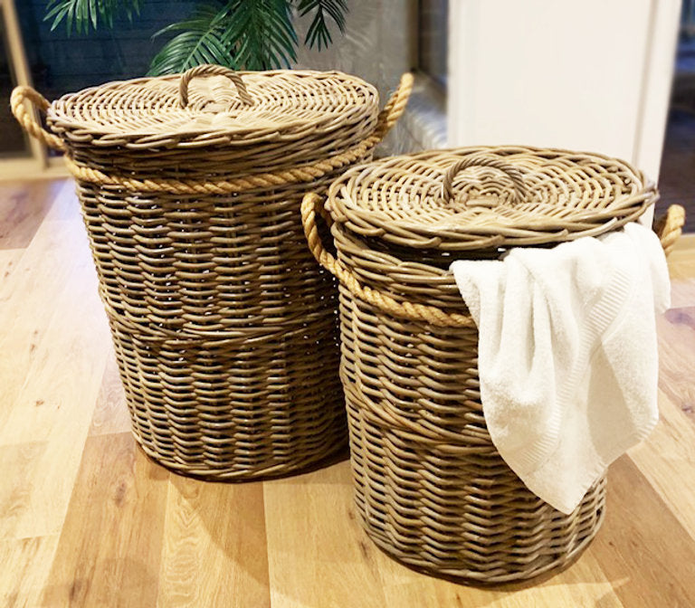 Rattan Set of 2 Kubu Grey Round Laundries with Lids
