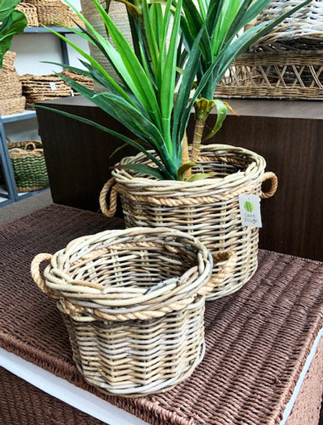 Rattan S/2 Kubu Grey Planters with Rope Handles