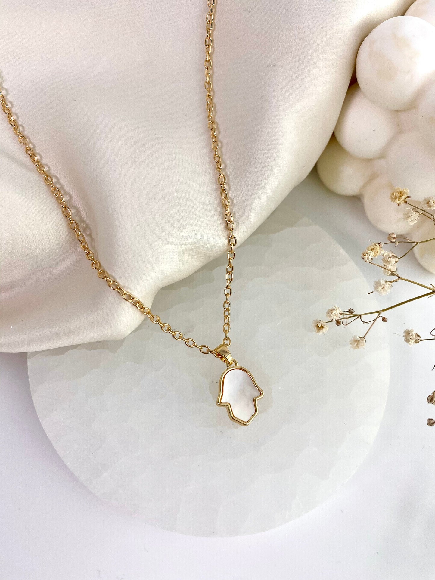 Mother of Pearl Hamsa Hand Pendant Gold Necklace