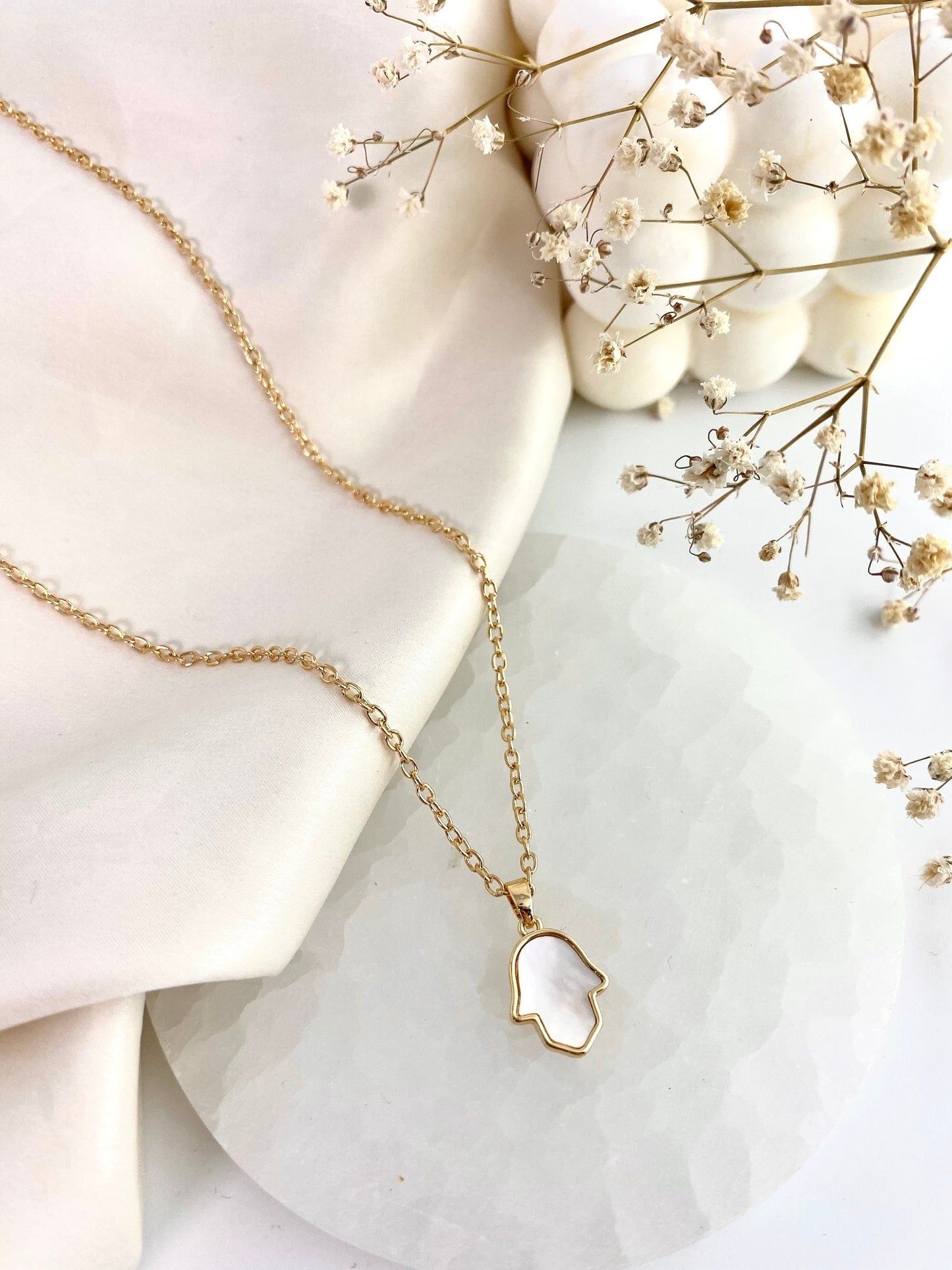 Mother of Pearl Hamsa Hand Pendant Gold Necklace