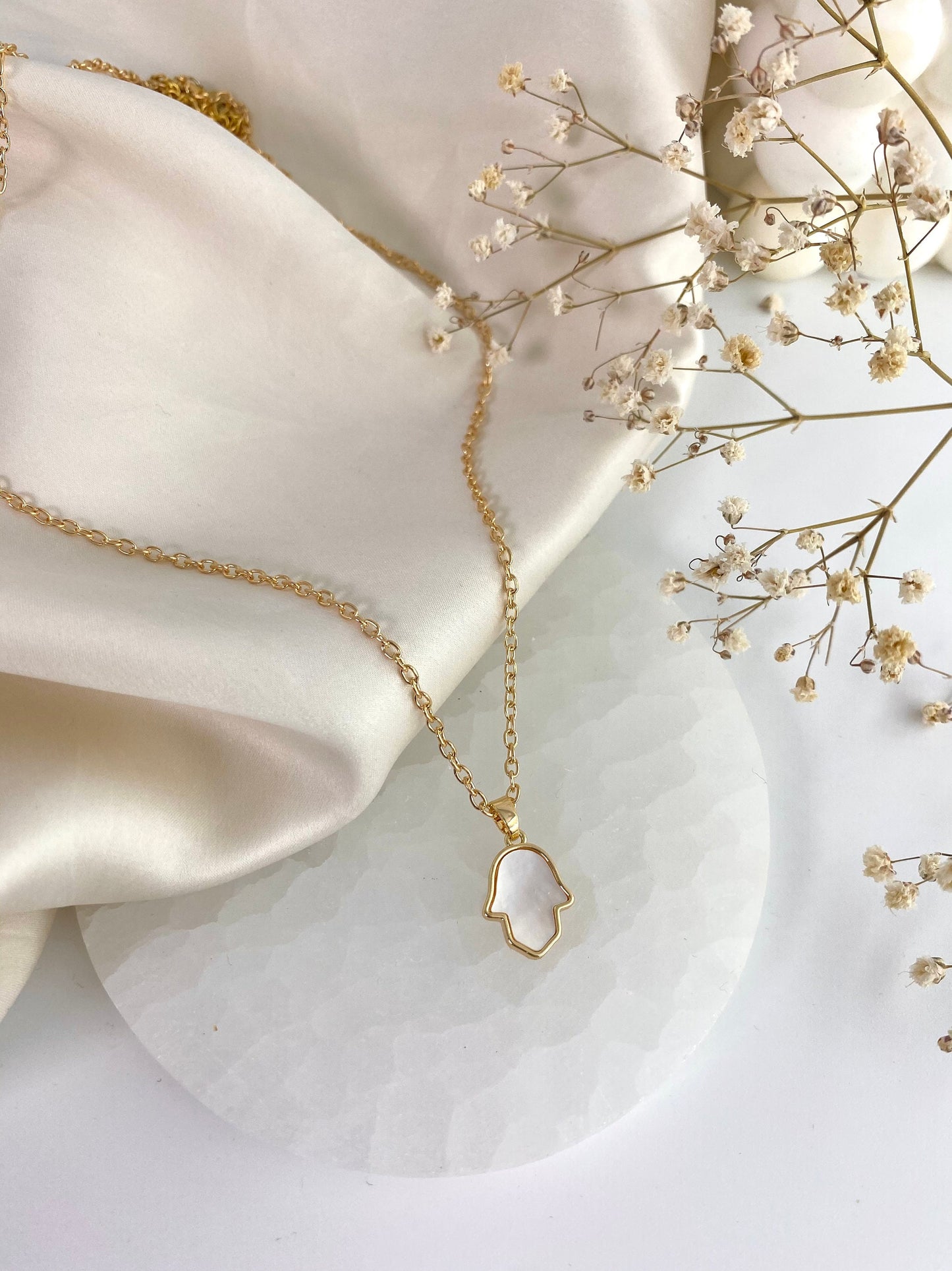 Mother of Pearl Hamsa Hand Pendant Gold Necklace
