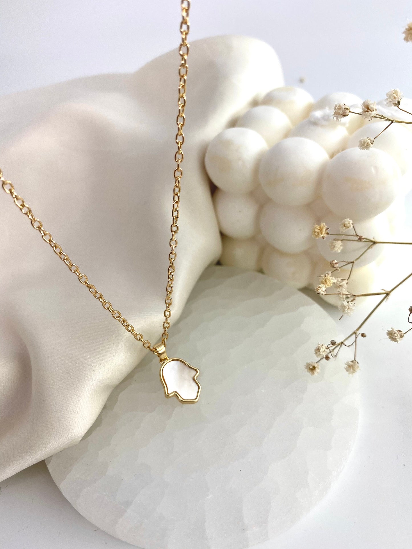 Mother of Pearl Hamsa Hand Pendant Gold Necklace