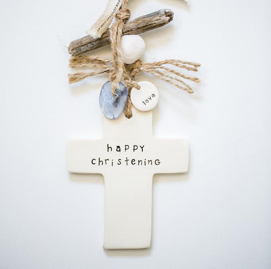 Ceramic Cross Decor 'God Bless' personalised with Driftwood SMALL