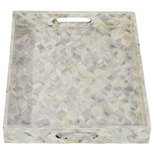 Rectangular Sapphire Capiz Shell Tray With Handles - Light Blue