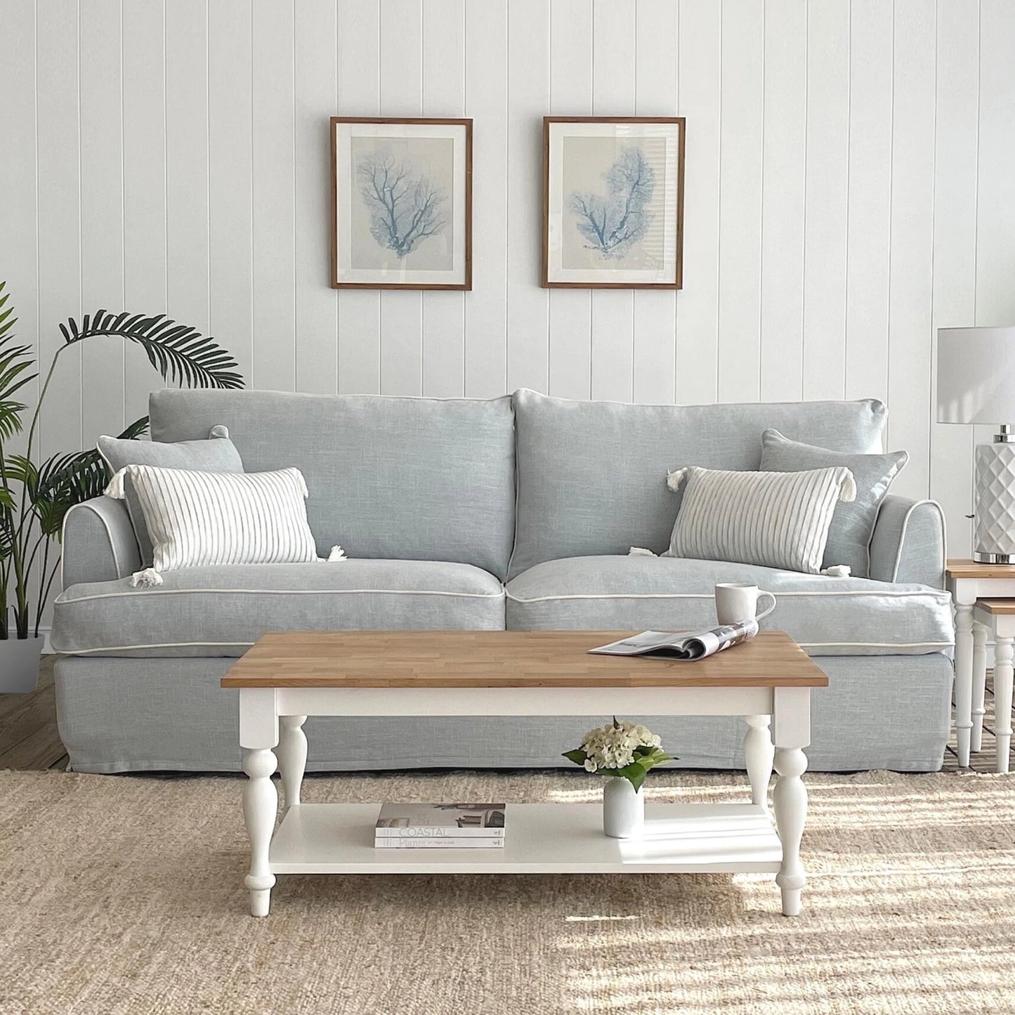 Belize Blue Singal Fan Coral Print in Timber Frame Wall Art