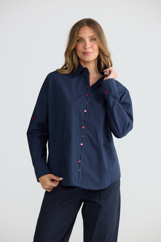 Fae Shirt in Navy with Pink Buttons