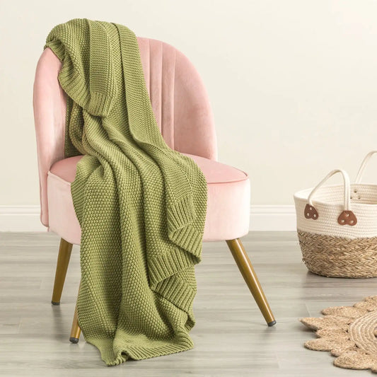 Moss Seed Stitch 100% Cotton Knitted Throw 130x170 Cms Sage