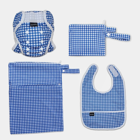 Tyoub Blueberry Check Swim Bag/Nappy and Bib set