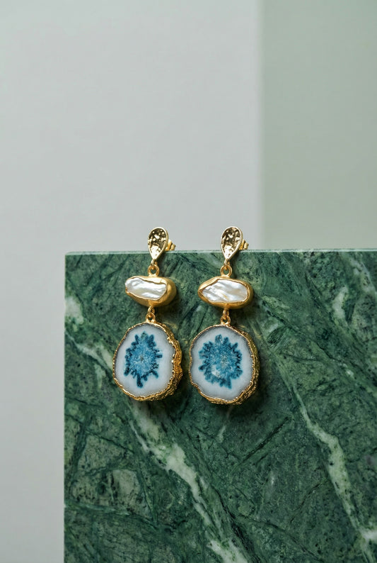 Agate Drop Earrings with Baroque Pearls
