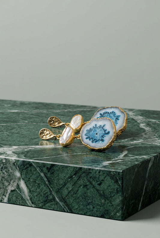 Agate Drop Earrings with Baroque Pearls