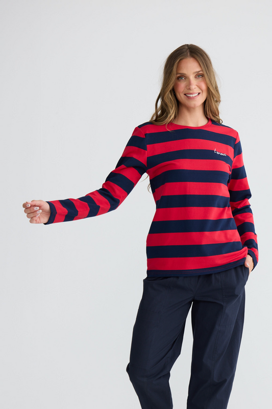 Roam Long Tee in Red & Navy Stripe